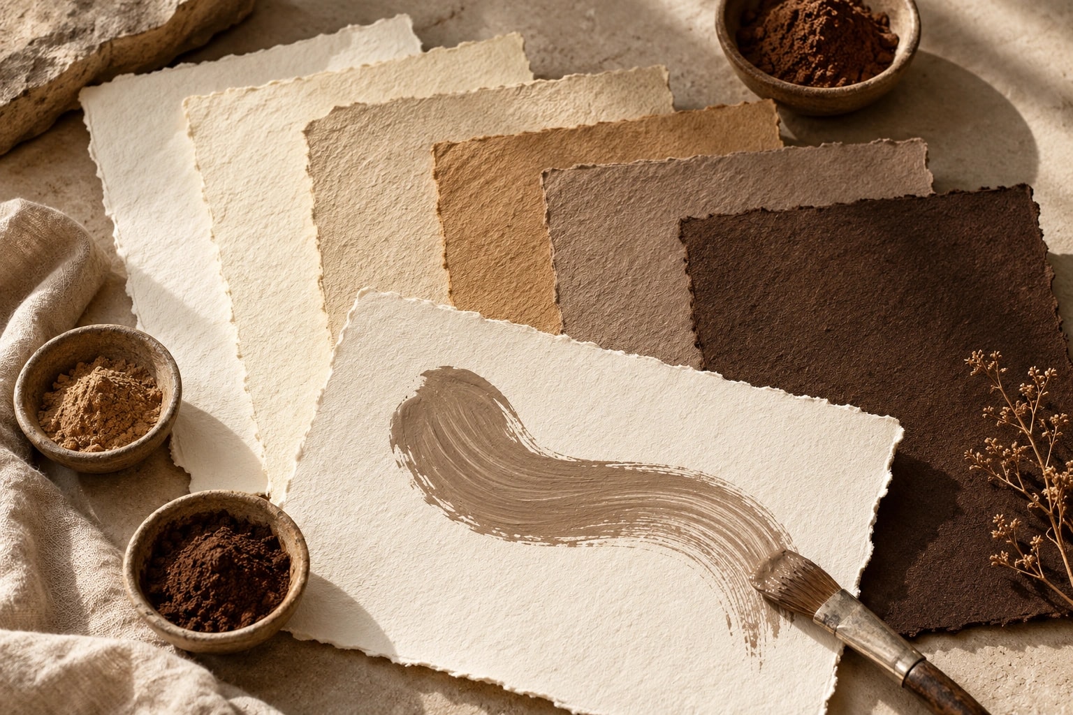 Warm colour samples and materials illustrating a brand palette study.