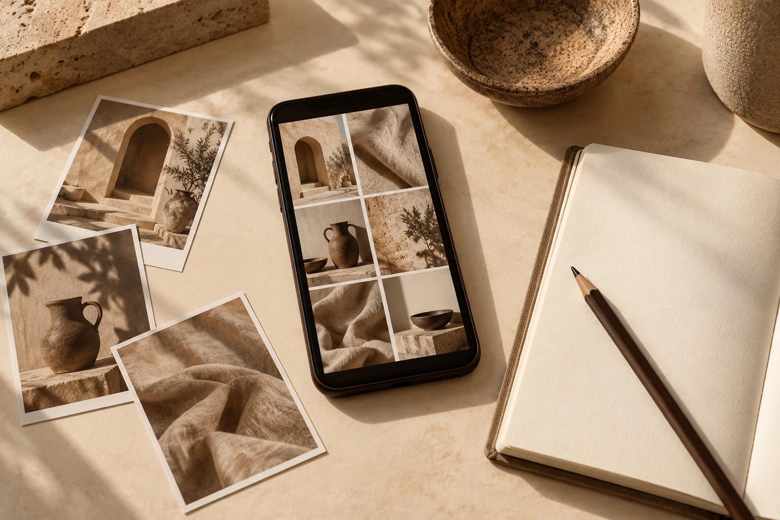 A phone displaying a coordinated image series beside content cards and a planning notebook.