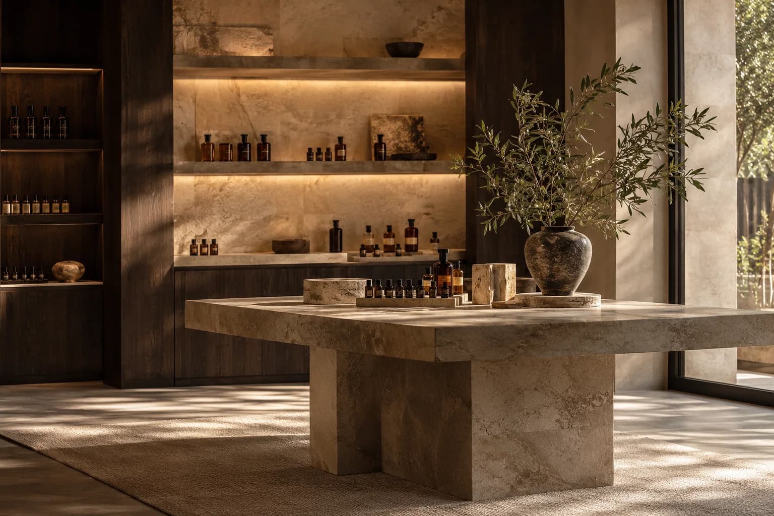In the window: the NØR bottle on travertine