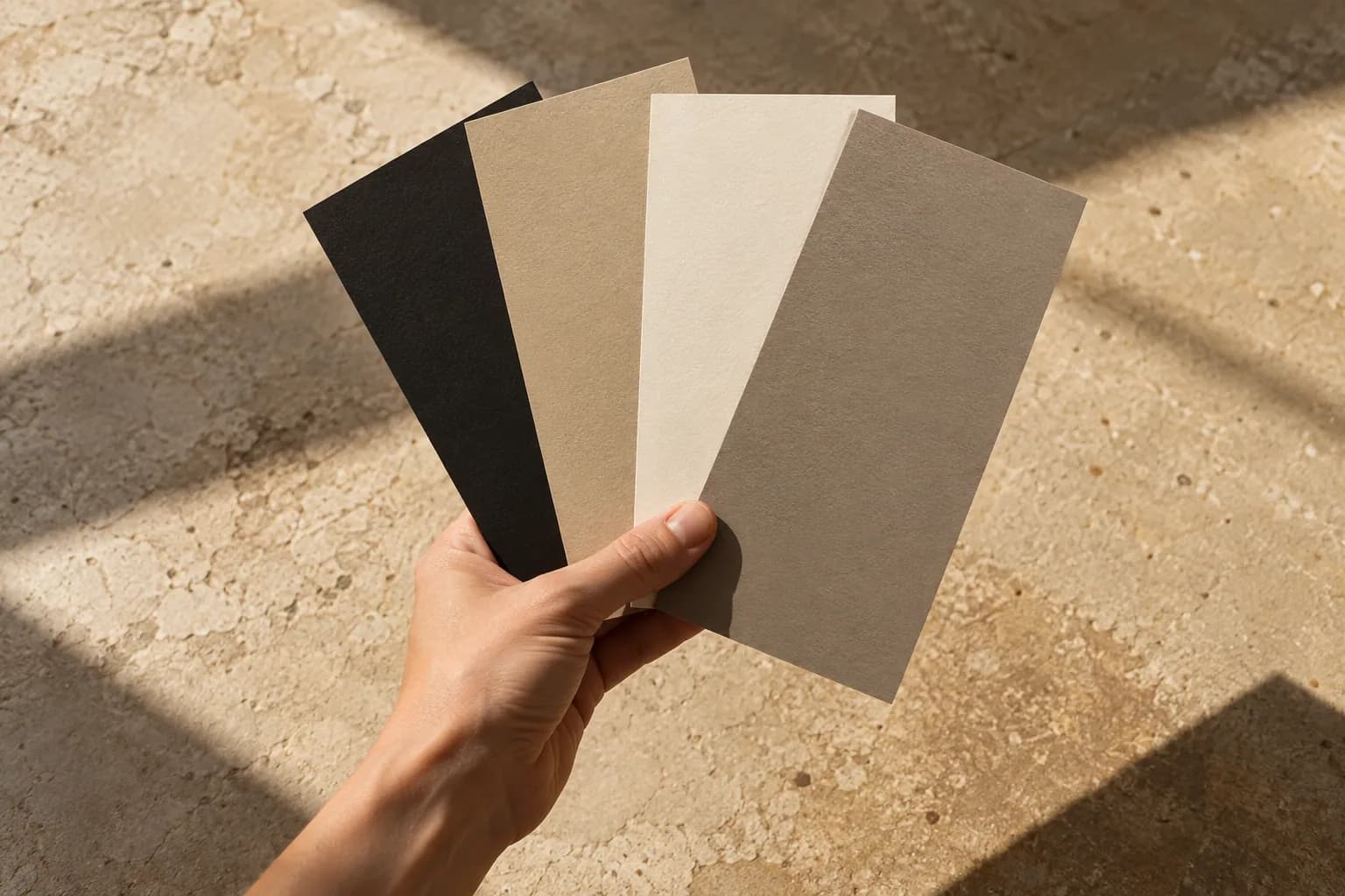 Generated colour study: an anonymous hand holding paper swatches