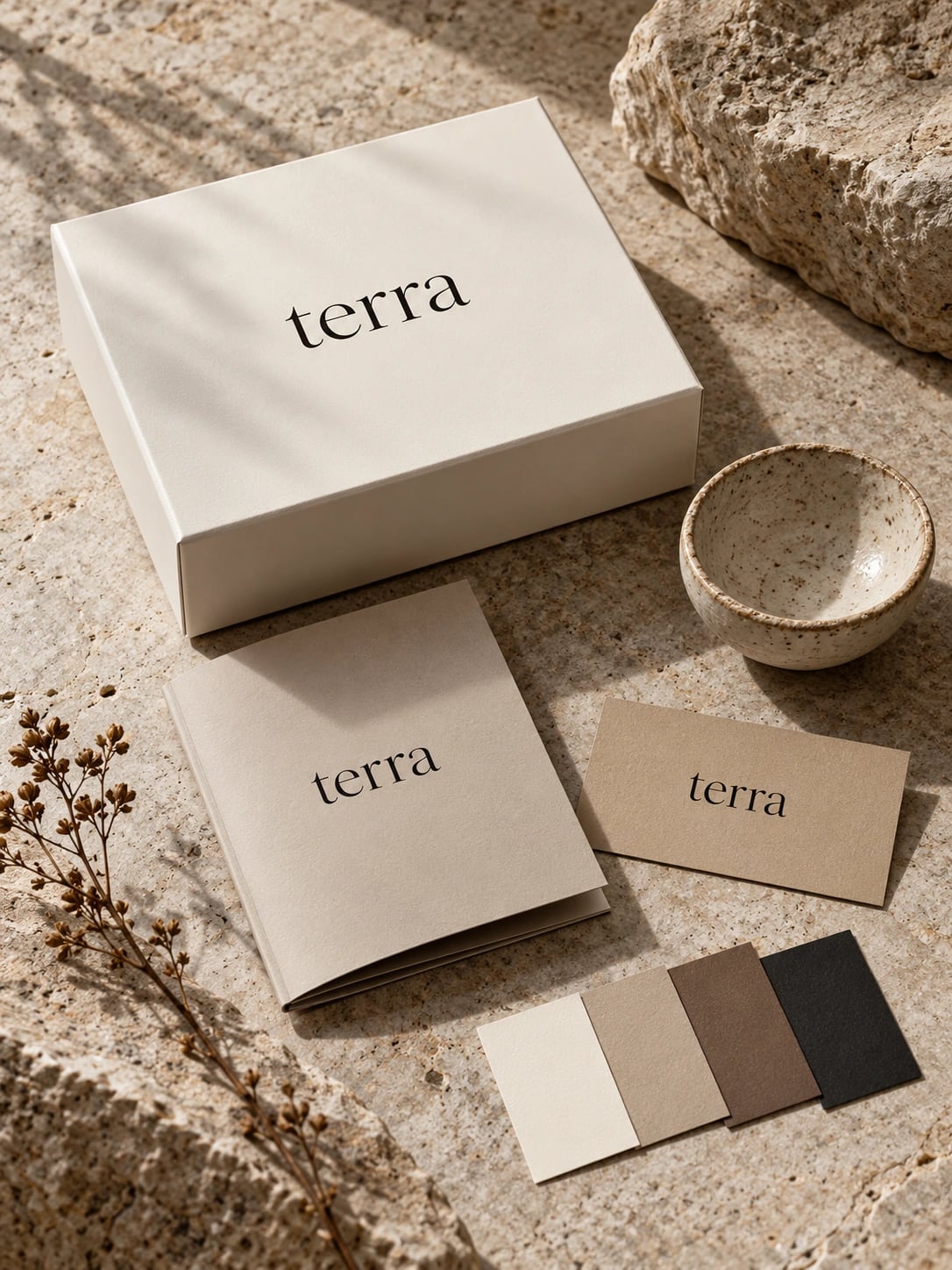 Illustrative identity concept with coordinated packaging, a business card and colour samples.