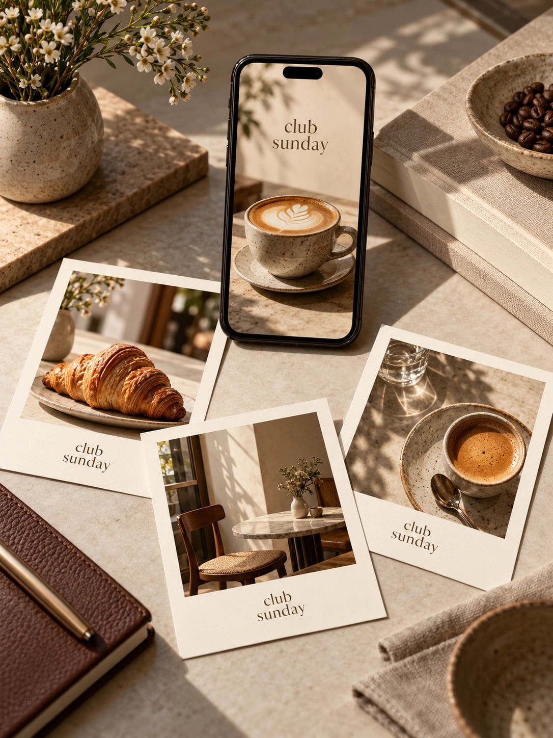 AI-illustrated content series with a phone and coordinated coffee imagery in different formats.
