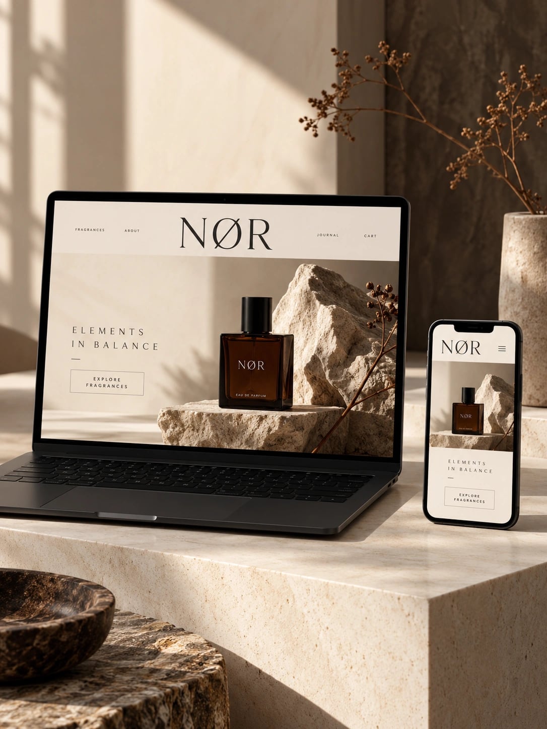 KI-illustriertes Website-Konzept mit einem Laptop und einer mobilen Ansicht auf einem Studiotisch.